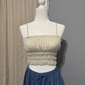 Jopna Cream Smocked Cropped Tank Top Size M Spaghetti Strap Cottagecore Peasant